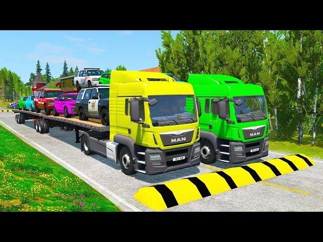 Flatbed Trailer Truck Potholes Transport Car Portal Trap Rescue - Cars vs Speed Bumps - BeamNG.drive