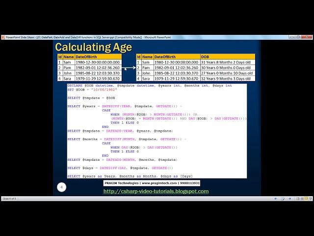 DatePart, DateAdd and DateDiff functions in SQL Server   Part 27