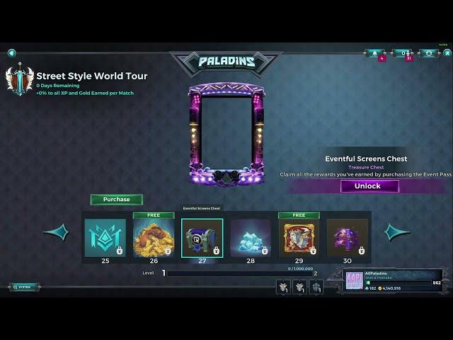 Paladins 7.6 Street Style World Tour Event Pass All Items, All Levels, Free and Paid Path