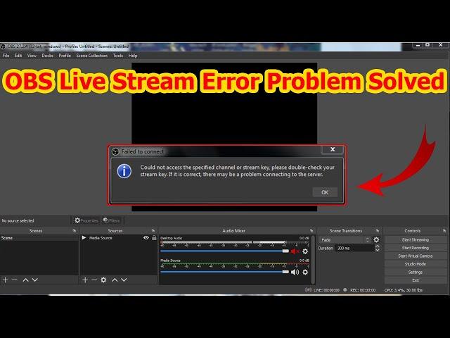 How to fix OBS studio failed to connect to server when start to lice streaming in win7,8,8.1,10