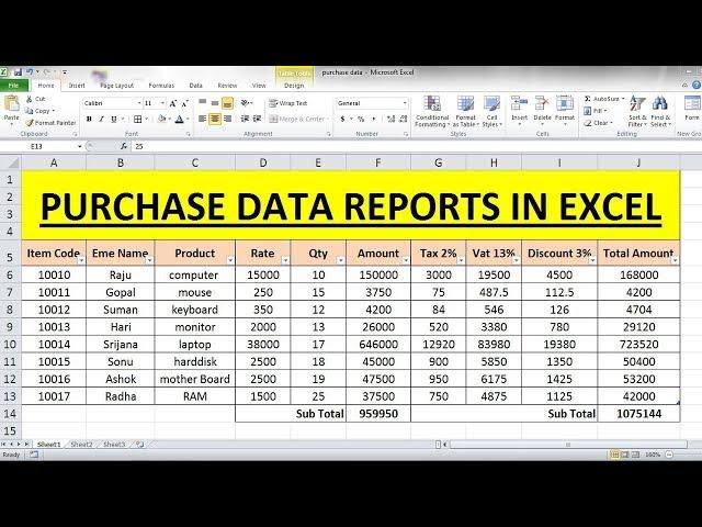 EXCEL TUTORIAL !! PURCHASE DATA REPORTS IN MS EXCEL || How to Entry Purchase in ms excel ||