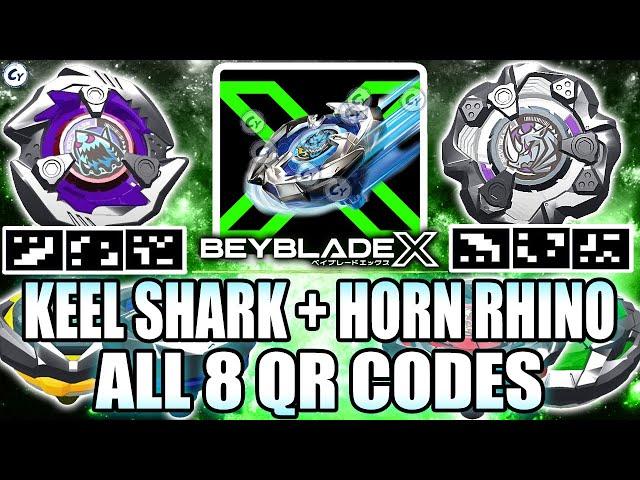 ALL 8 QR CODES KEEL SHARK HORN RHINO ALL BEYBLADE X APP CODES Códigos de Beyblade X App Hasbro