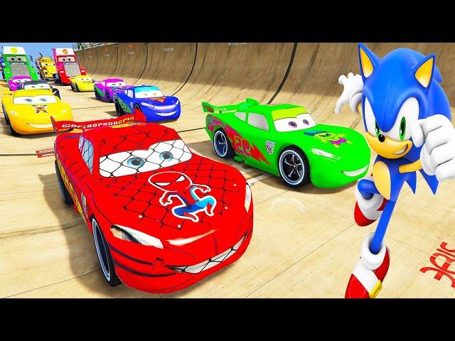 SPIDERMAN McQueen Friends GODZILLA Ramp Challenge ! SUPERHEROES HULK Disney Cars MACK TRUCK  - GTA V