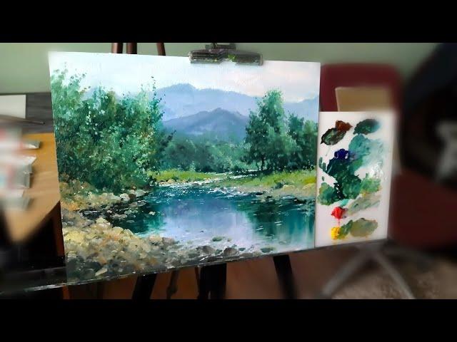 How to paint mountain landscape. Mountain river oil painting