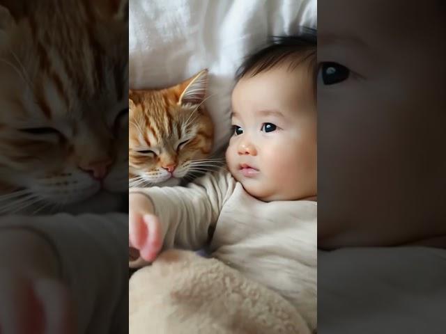 Sweet Ginger Cat Wakes Up with Baby! #Shorts #GingerCat #CuteMoments #BeastStudio