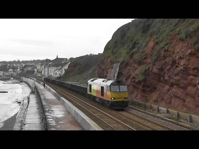 Colas 60047 on the Dawlish sea wall with loaded Ballest train 30-01-2016