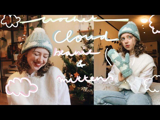 making a cloud beanie and matching mittens ️ | crochet with me