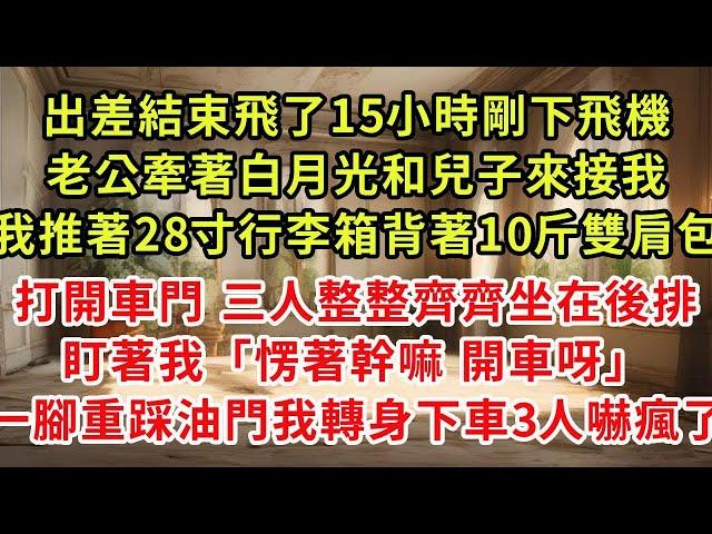 出差結束飛了15小時剛下飛機，老公牽著白月光和兒子來接機，我推著28寸行李箱背著10斤雙肩包，打開車門 三人整整齊齊坐在後排盯著我「愣著幹嘛 開車呀」踩下油門我轉身下車3人嚇瘋了#復仇 #逆襲 #爽文