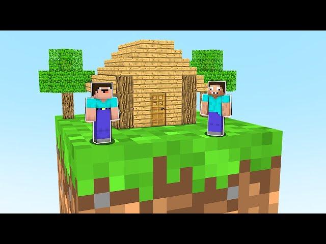 Noob and Pro Surviving on Giant Grass Block in Minecraft