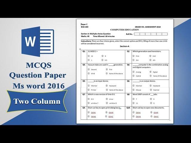 How to create Multiple Choice Question (MCQS) Paper in ms word 2016 in two column