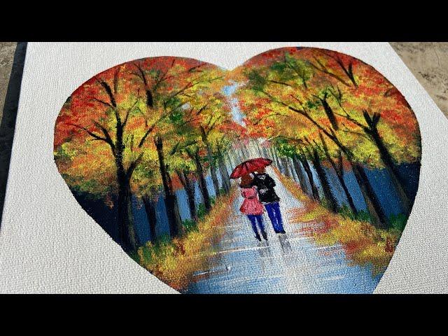 Couple Walking in the Rain Painting /  Acrylic / cotton swab Art/ Valentines Day Painting / Tape Art