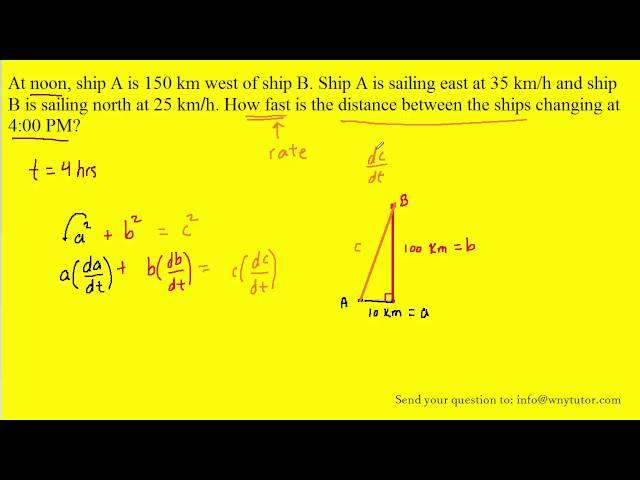 At noon, ship A is 150 km west of ship B. Ship A is sailing east at 35 km/h and ship B is sailing no