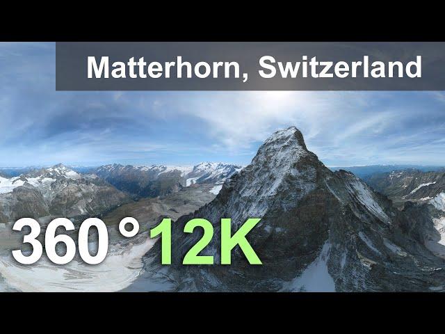 Matterhorn Mountain, Alps, Switzerland. Aerial 360 video in 12K