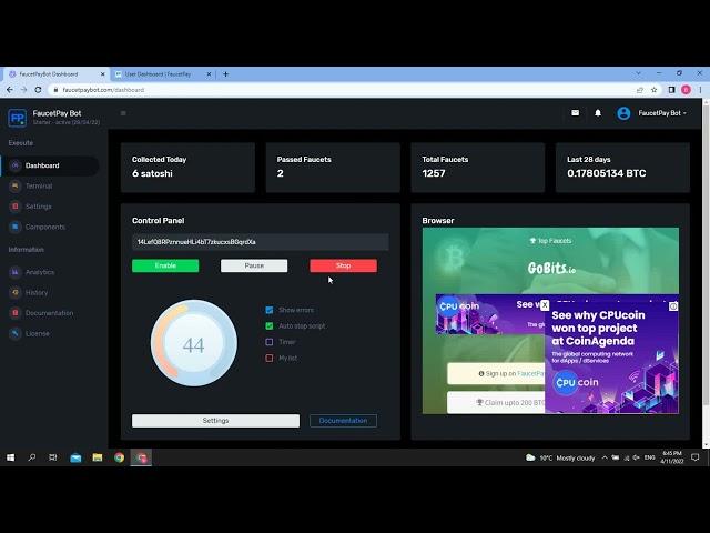 Bitcoin FaucetPay Bot - Automatic Collection BTC Coins from Faucet
