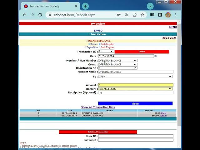 Transaction using SocietyOnLine (Opening Balance Entry and Bill Received entry)