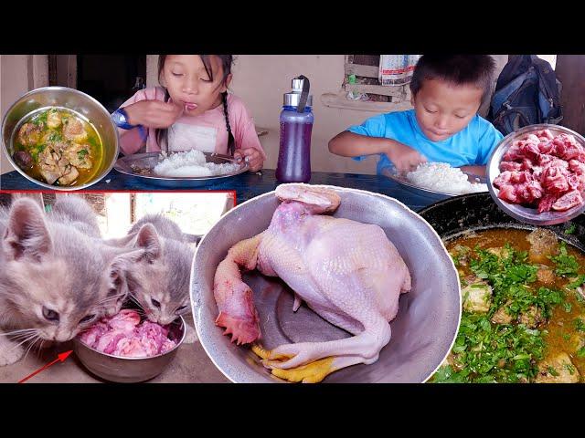 chicken for Kids & Kittens || Bhumi's kids & kittens family enjoying chicken @bhumicooking