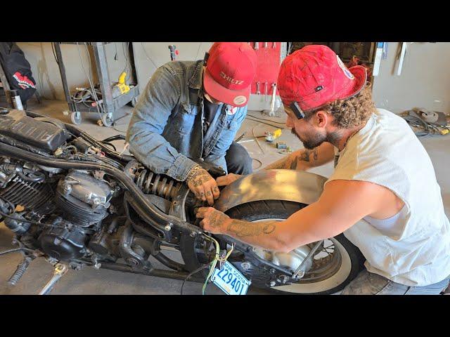 Day 2 of the bike build... Colton's OVERWHELMED... custom fender, ape hangers, body work and more 