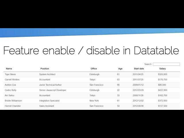 Ordering into data table |  Hide column |  Enable disable feature into the database