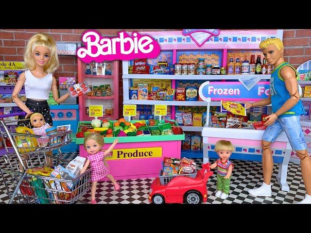 Barbie & Ken Doll Family Grocery Shopping for Mini Food