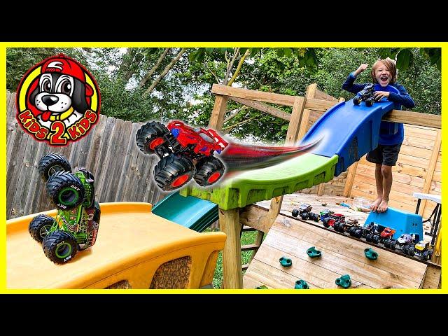 LONGEST Downhill Race INSIDE & OUTSIDE the House  BIG Monster Jam & Hot Wheels Monster Truck Toys