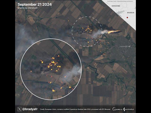Satellite Imagery of Krasnodar Ammo Dump After Ukrainian Drone Strike:  Fires Over 4KM Away!