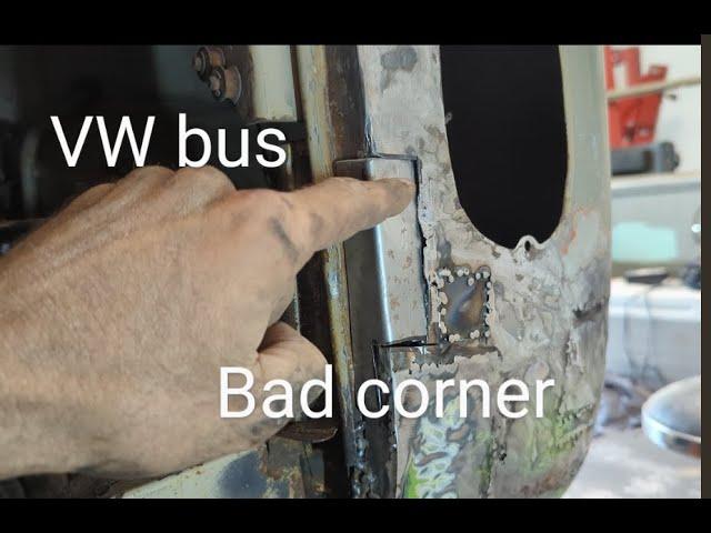 1969 VW bus rear corner repair. Accident damage, rot and filler.