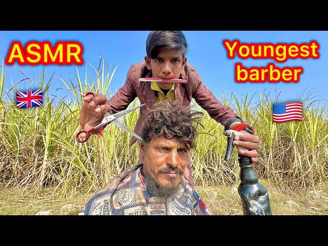 ASMR youngest barber  in the world fast haircut beard labour man