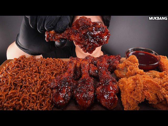 ASMR MUKBANG |  Black Bean Noodles & Spicy Fried Chicken Shrimp Stick EATING 짜파게티 BBQ 양념치킨 새우스틱 먹방!