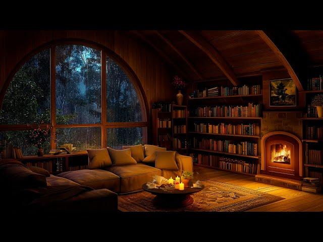 Rainy Night in Cozy Reading Nook ~ Soft Jazz Music ️ Heavy Rain, Fireplace Sounds for Sleeping