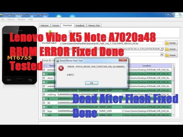Lenovo Vibe K5 Note A7020a48  BROM ERROR Fixed  Done By Flashing