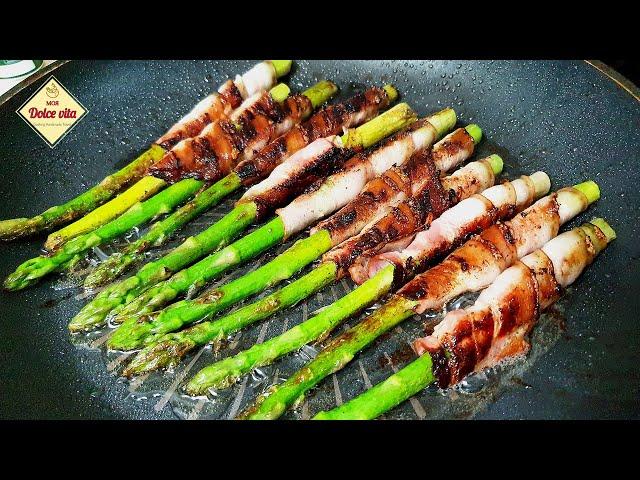 Asparagus wrapped in bacon is a delicious appetizer. How to cook asparagus. Recipe in 1 minute