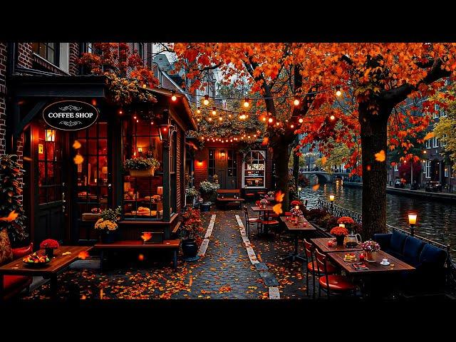 Unwind with Riverside Autumn Jazz - Cozy Fall Coffee Shop Ambience and Falling Autumn Leaves