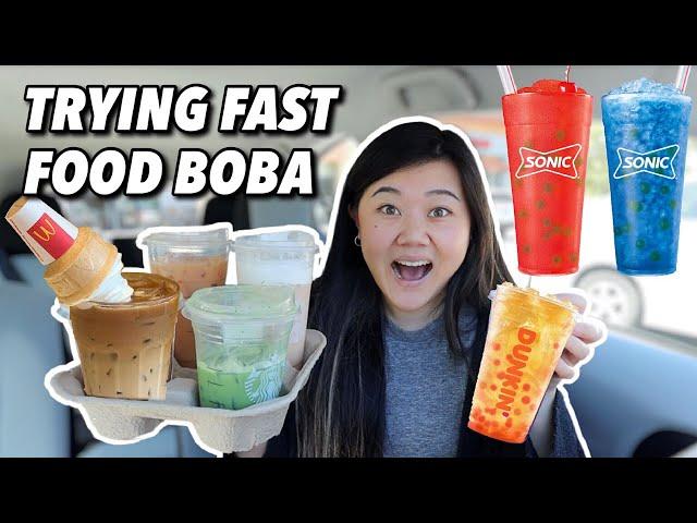 TRYING FAST FOOD BOBA DRINKS & VIRAL MILK TEA HACKS! NEW Dunkin' Donuts Bubbles Review