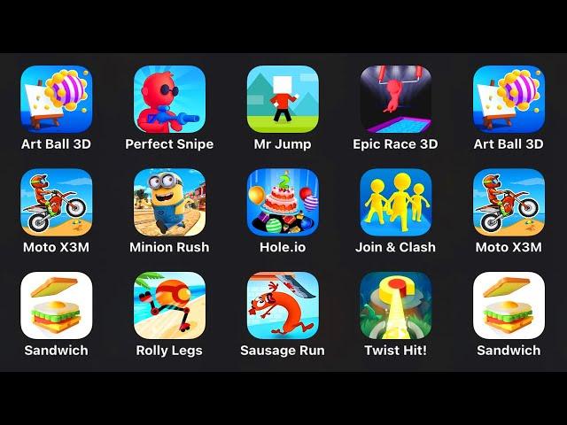 Art Ball 3D, Perfect Snipe, Mr Jump, Epic Race 3D, Moto X3M, Minion Rush, Hole.io, Join & Clash