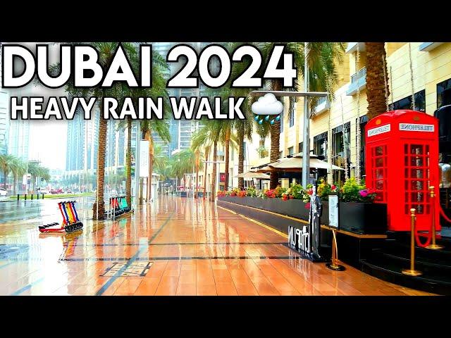 Walking in Rain DUBAI  |4K| Downtown Dubai Heavy Rain Walk , Burj Khalifa 2024 