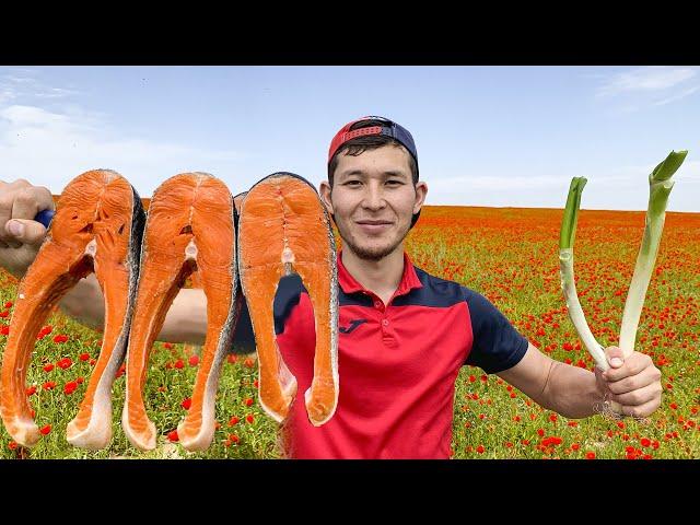 Cooking Salmon In Cream Sauce In The Middle of a Poppy Field | Beautiful Nature of Kyrgyzstan [4K]