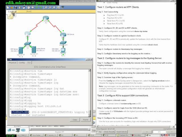 SSH, syslog and NTP configuration on Cisco router  in Packet Tracer