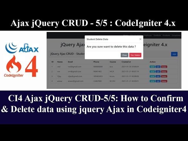 CI4 Ajax jQuery CRUD-5/5: How to Confirm & Delete data by id using jquery Ajax in Codeigniter 4