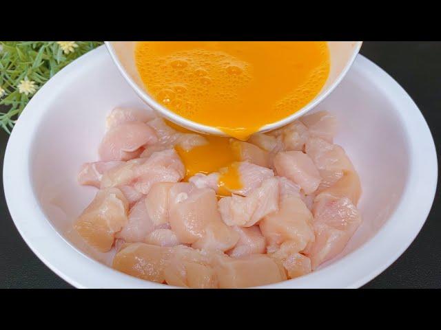 Cut chicken breast into small pieces and pour in egg mixture. Once you eat it, you won't forget,