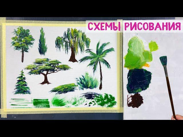 Как нарисовать деревья веерной кистью. How to paint trees with fan brush. Step by step