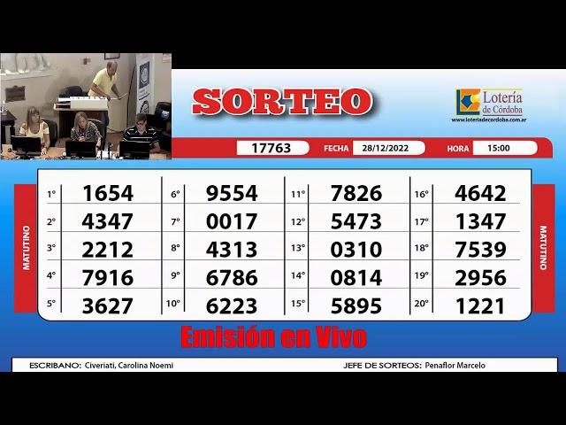 Sorteo de Quiniela MATUTINO N°17763 - 28/12/2022 – 15:00hs.-