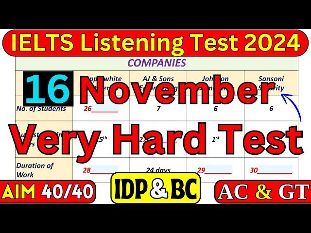 DIFFICULT 16 NOVEMBER 2024 IELTS LISTENING TEST WITH ANSWERS | IELTS LISTENING | IDP & BC