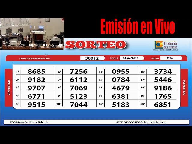 Sorteo de Quiniela Vespertino Nº30012 -04/06/2021 17:30hs