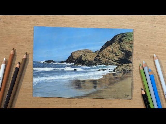 Seascape Drawing in Colored Pencil | Wet Sand on a Beach