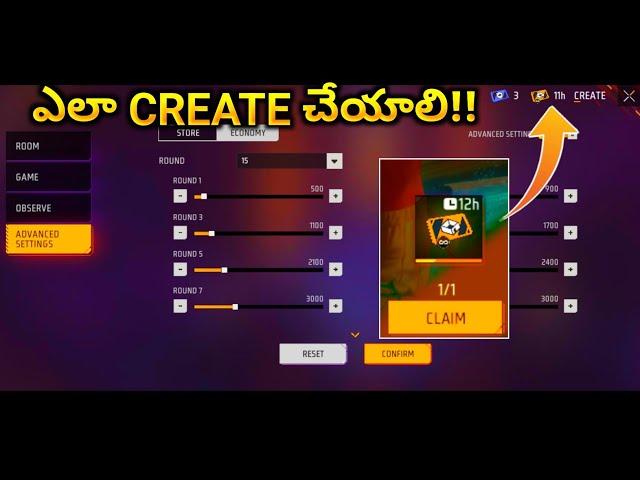 HOW TO CREATE CUSTOM ROOM CARD IN FREE FIRE; FREE FIRE CUSTOM ROOM CARD IN TELUGU; 12H ROOM CARD;