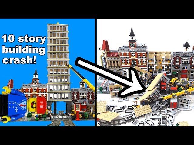 Lego train crash with huge skyscraper!️