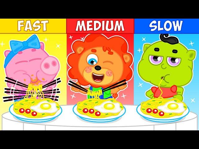 Lion Family | Who is the Fastest! Fast, Medium or Slow Food Challenge - Good Habits for Kids