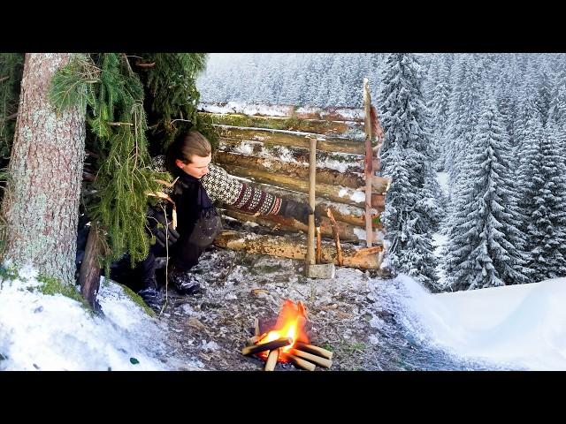 72 Hours to Build a Winter Shelter to Survive the Cold Night! (Winter Camping)