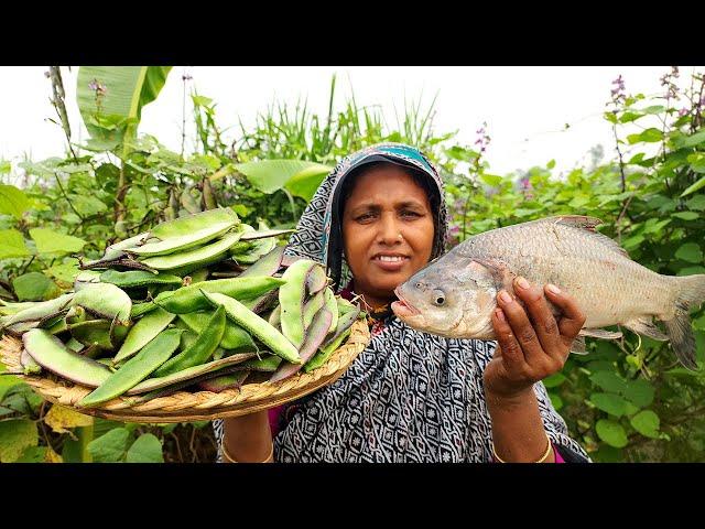 Pond Alive Katla Fish Curry With Farm Fresh Bean Recipe Cooking In My Village Style Easy Lunch Meal