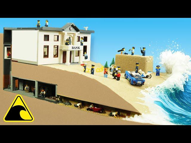 Tsunami Crashes Bank Heist - LEGO Dam Breach Experiment - Wave Machine vs Thieves